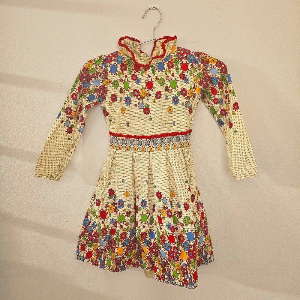 Girls dress. Cream Red Sleeve  with Collar. Perfect for Easter, spring.